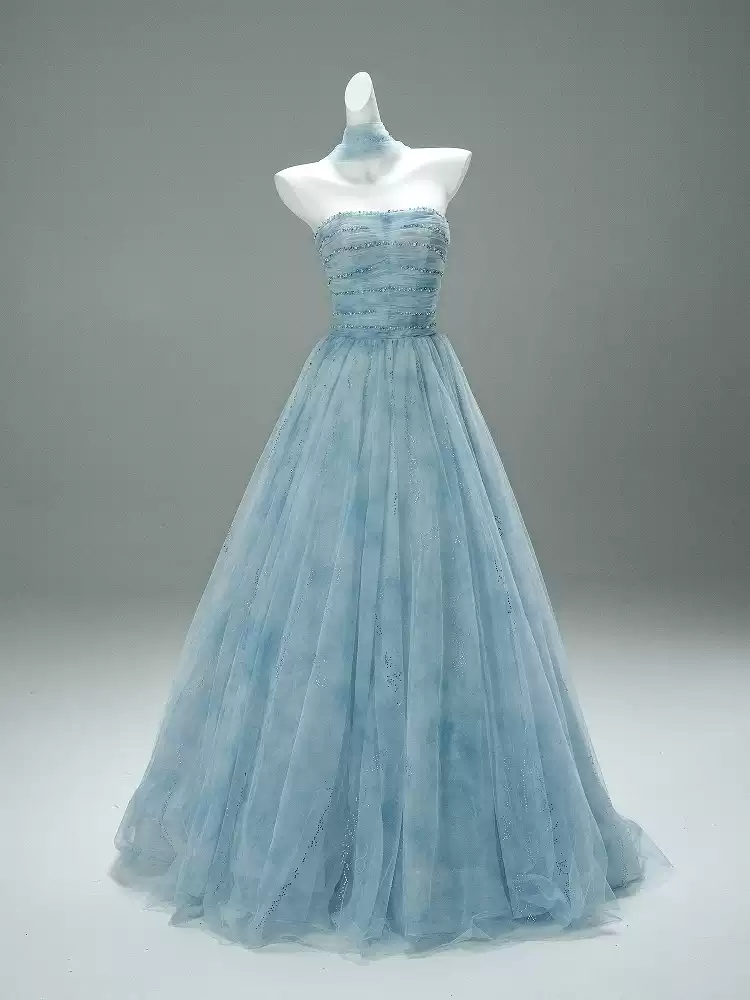Light Blue Strapless Evening Dress with Beading – Corset Evening Dress with Lace-Up Back Plus Size