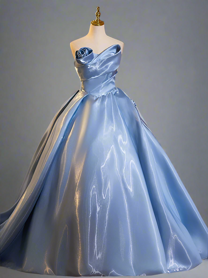 Blue Ball Gown with Corset Back - Satin Wedding Dress with Flower Accessories - Strapless Corset Wedding Dress Plus Size Size 12 / Light Blue
