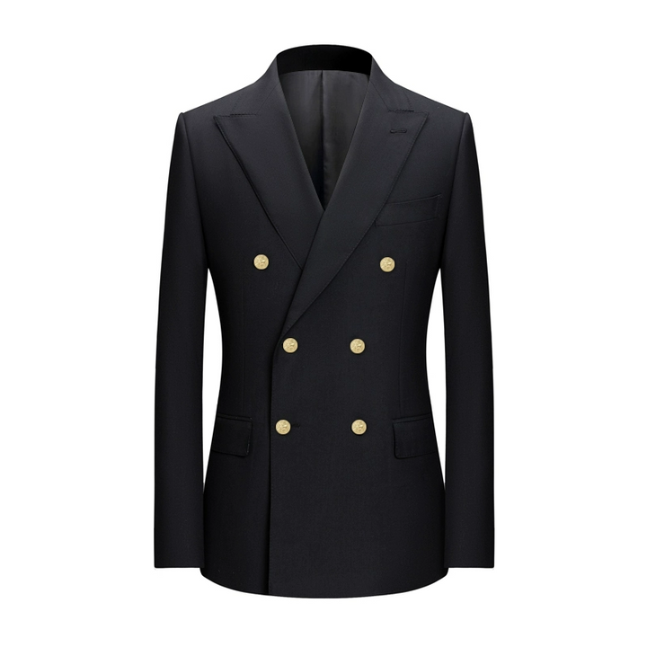 Mens Double Breasted Blazer in Black Wool with Peak Lapel and Gold Buttons Plus Size