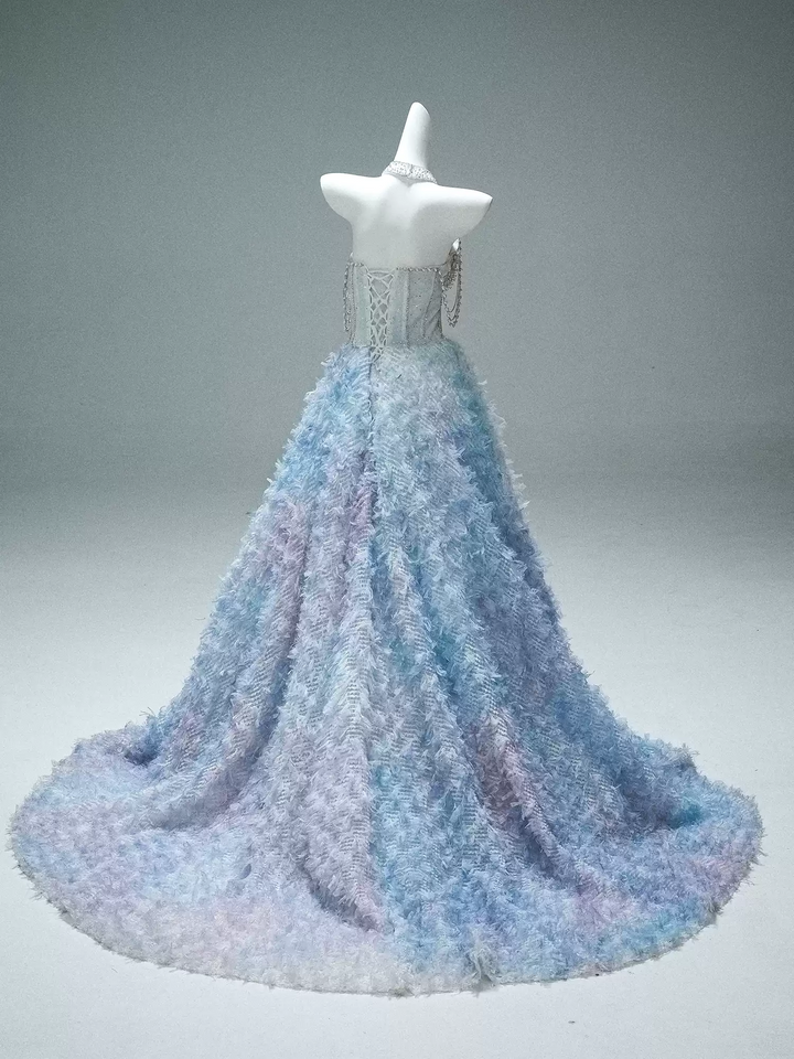 Blue Evening Dress with Beaded Corset – Strapless Layered Tulle Ruffle Dress Plus Size