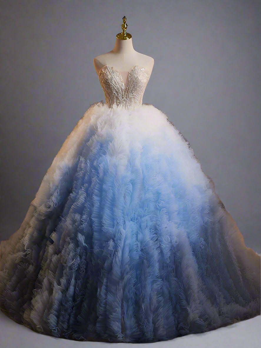Gradient Blue Strapless Princess Wedding Dress with Sweetheart Neckline and Layered Tulle Ruffles Plus Size Size 6 / Light Blue Gradient Blue Strapless Princess Wedding Dress with Sweetheart Neckline and Layered Tulle Ruffles Plus Size Size 6 / Light Blue