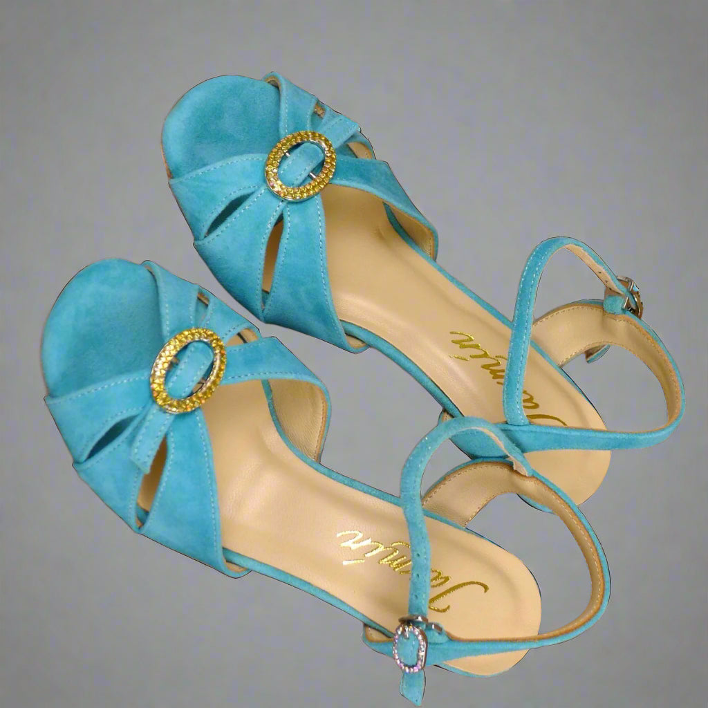 Handmade Tango Cowhide Leather Blue Latin Dance Shoes Low Heel with Rhinestone Buckle and Open Toe