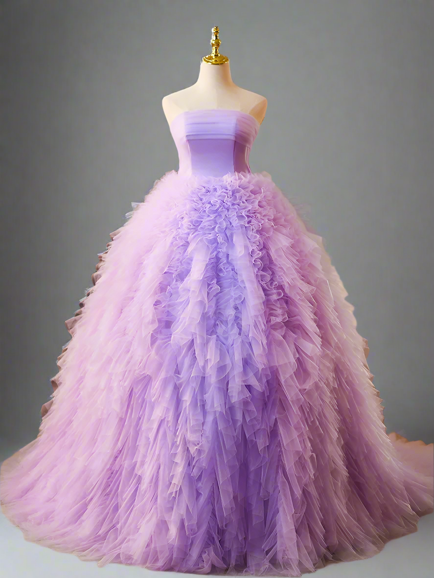 fitted lace wedding dress Lilac Halter Neck Tiered Tulle Handmade High-Low Prom Dress