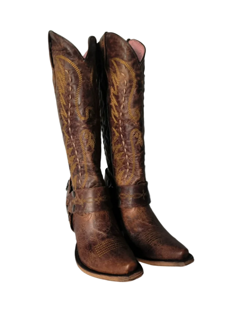 Vintage-Inspired Brown Cowgirl Boots with Embroidered Detailing – Western Knee-High Boots with Buckle Strap