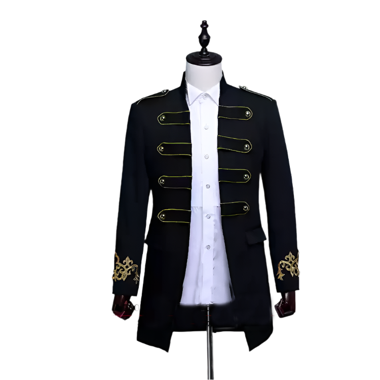 Black Military Regency Mens Tailcoat – Long Formal Jacket with Gold Embroidered Cuffs and Shoulder Detail Plus Size