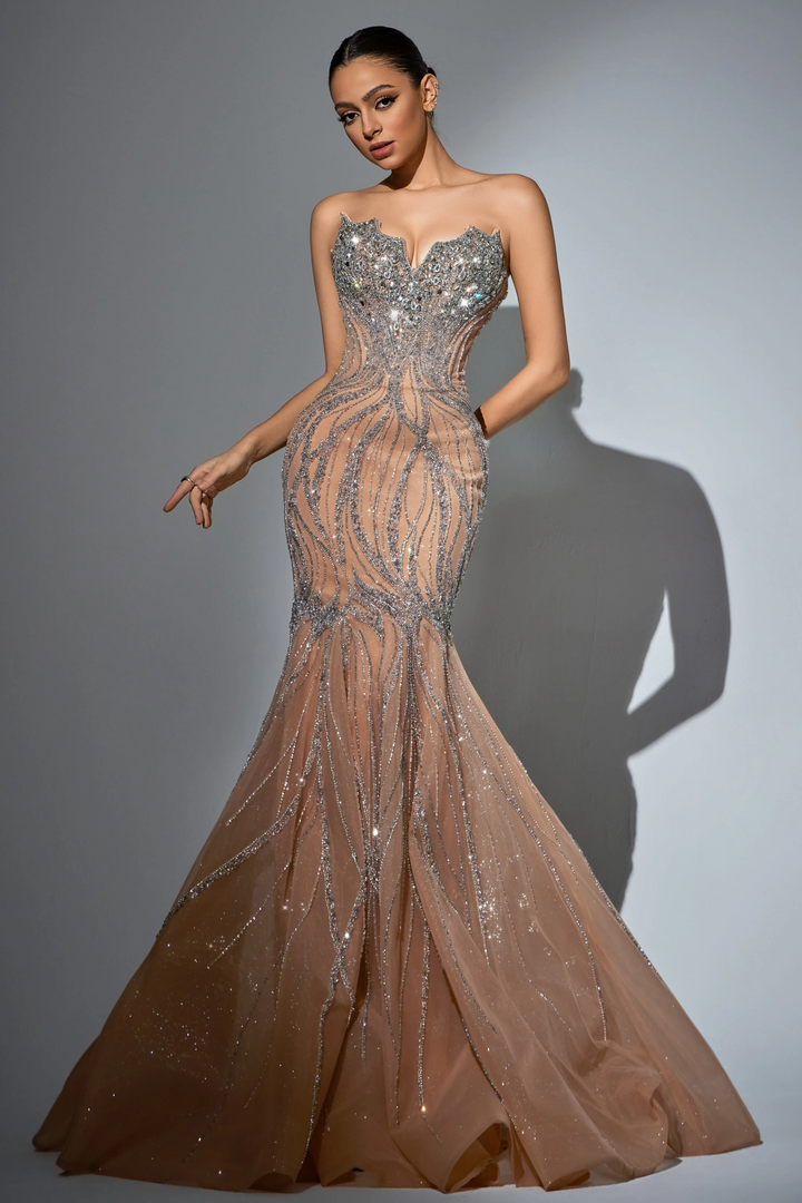 Champagne Sequin Evening Gown with Beaded Corset – Sparkly Maxi Dress with High Slit and Tulle Skirt Plus Size