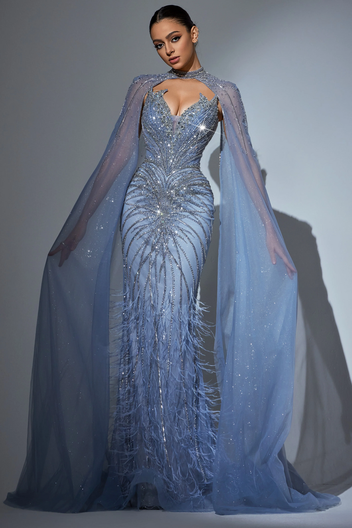 Champagne Sequin and Feather Dress - Designer Sequin Gown with Beaded Corset – Strapless Glitter Dress with Sheer Cape and High Slit Plus Size