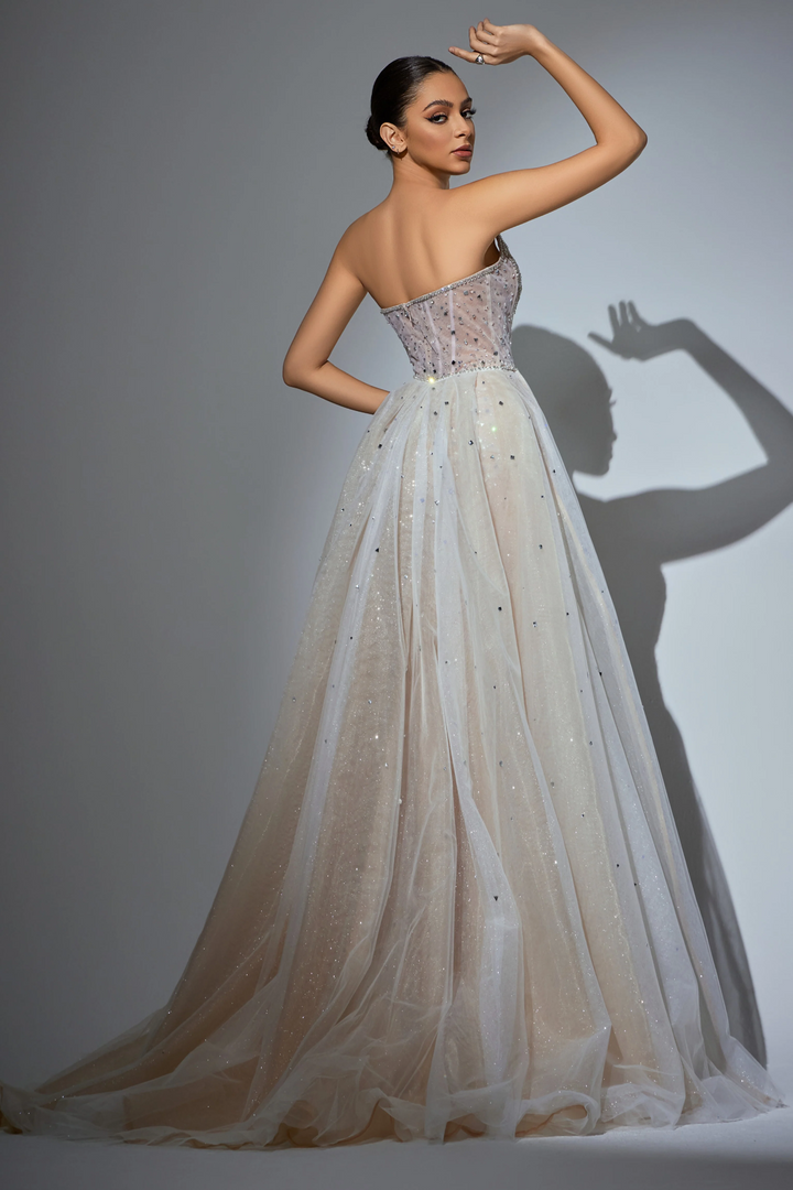 White Strapless Glitter Dress with High Slit - Embellished Gown with Beaded Detailing – Pink Sequin Dress Plus Size