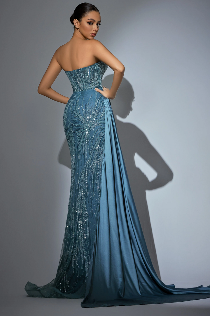 Teal Blue Sequin Evening Dress - Pretty Sequin Dress with High Slit and Beaded Detailing – Designer Sequin Gown with Satin Train Plus Size