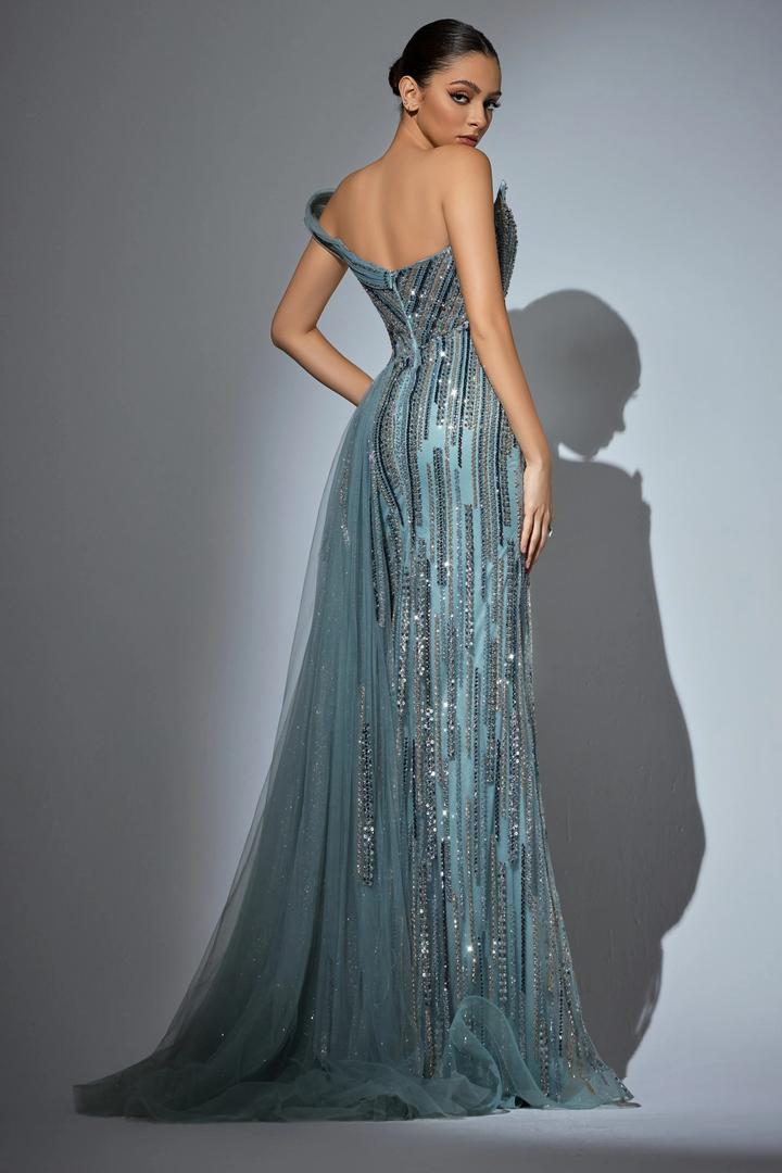 Champagne Glitter Maxi Dress with High Slit and Beaded Floral Detailing – Embellished Gown with Sheer Tulle Train Plus Size