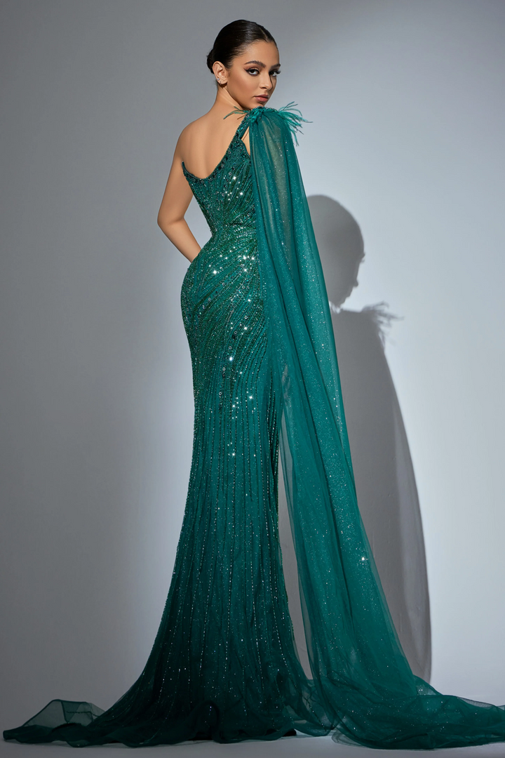 Champagne Embellished Gown with One Shoulder Feather Detail – Sequin and Feather Dress Plus Size