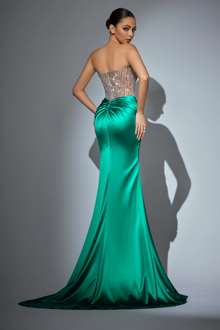 Red Sequin Evening Gown with Beaded Corset Top – Designer Sequin Gown with High Slit and Satin Train Plus Size