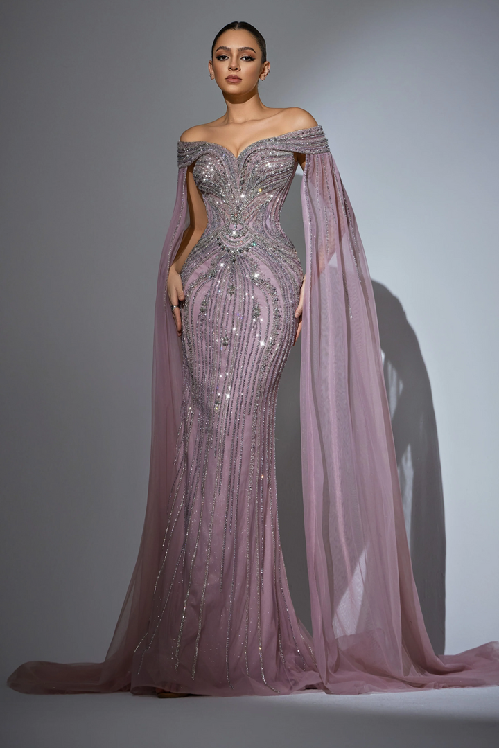 Pink Sequin Off-Shoulder Evening Gown with Crystal Beaded Detailing – Embellished Designer Gown with Flowing Sheer Train Plus Size