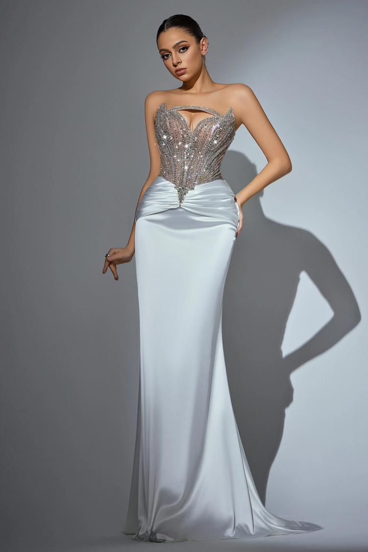 Red Sequin Evening Gown with Beaded Corset – Strapless Glitter Dress with Satin Skirt and High Slit Plus Size