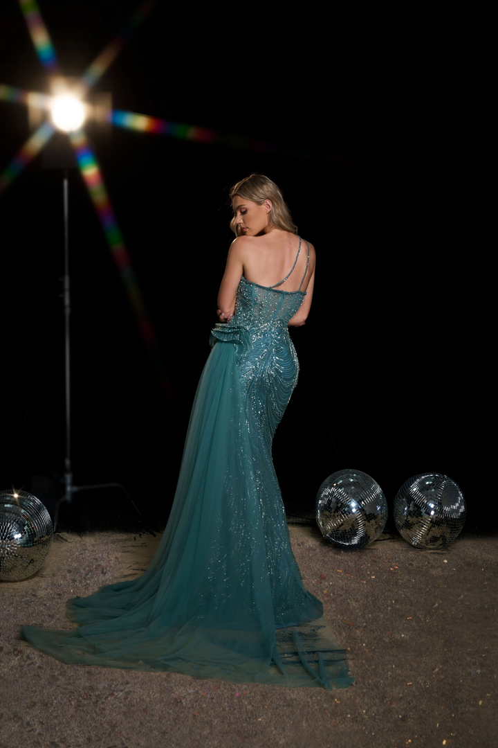 Gothic Teal Green Sequin Evening Gown with Flowing Train - Elegant Glitter Maxi Dress - Embellished Gown - Sparkly Sequin Dress Plus Size