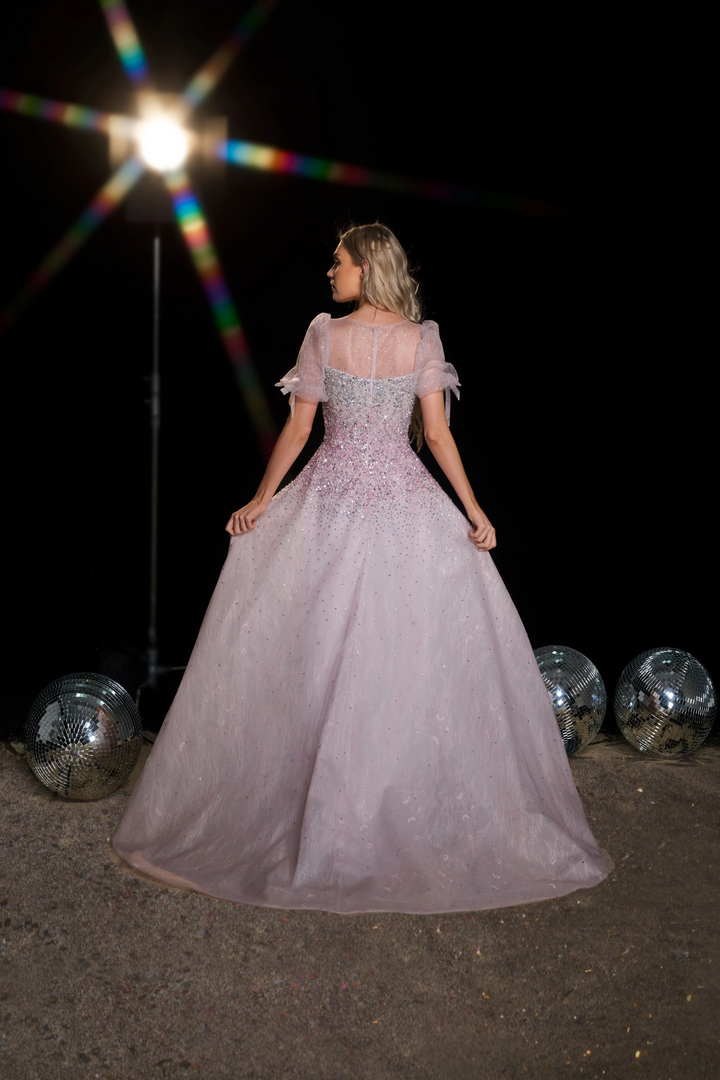 Blush Pink Sequin Ball Gown with Puff Sleeves - Embellished Gown with Sweetheart Neckline - Sparkly Pink Sequin Dress Plus Size