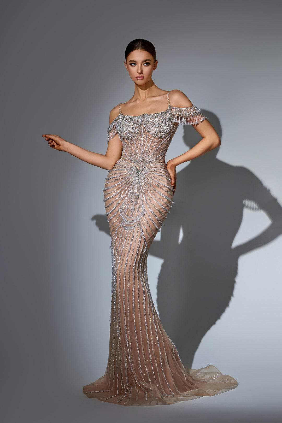 Champagne Sequin Dress with Pearl Embellished Bodice and Cold Shoulder Sleeves – Embellished Gown Plus Size Size 18W / Champagne