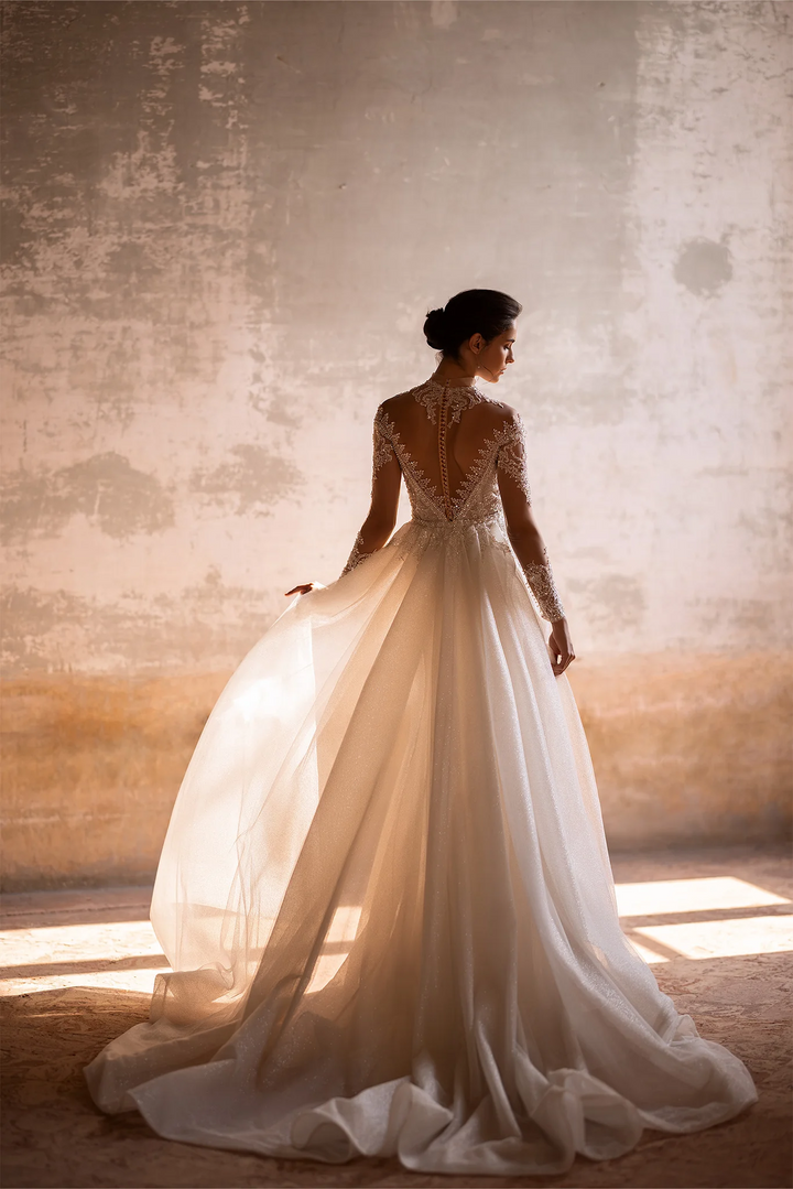 Ivory Sparkly Ball Gown Wedding Dress with Long Sleeves and Convertible Train - Embellished Mermaid Gown with Motif Details Plus Size