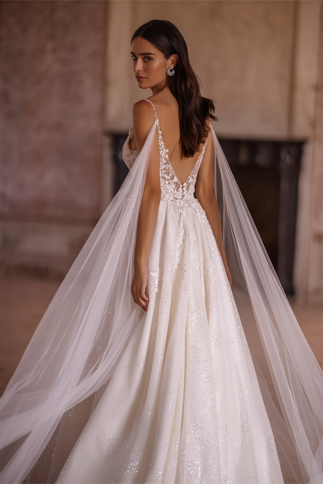 Ivory A-Line Spaghetti Strap Wedding Dress with V-Neck – Sleeveless Lace Wedding Dress with Thigh Slit and Flowing Sheer Train Plus Size