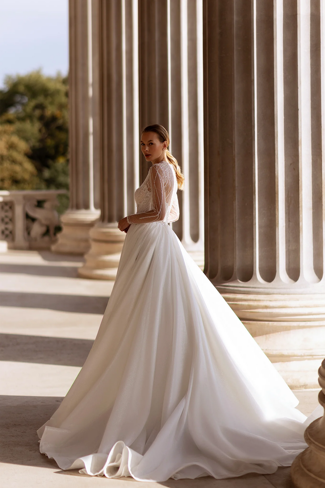 Ballgown Wedding Dresses with Sheer Long Sleeves – Crystal Wedding Dress with Sparkling Skirt and Classic Silhouette Plus Size