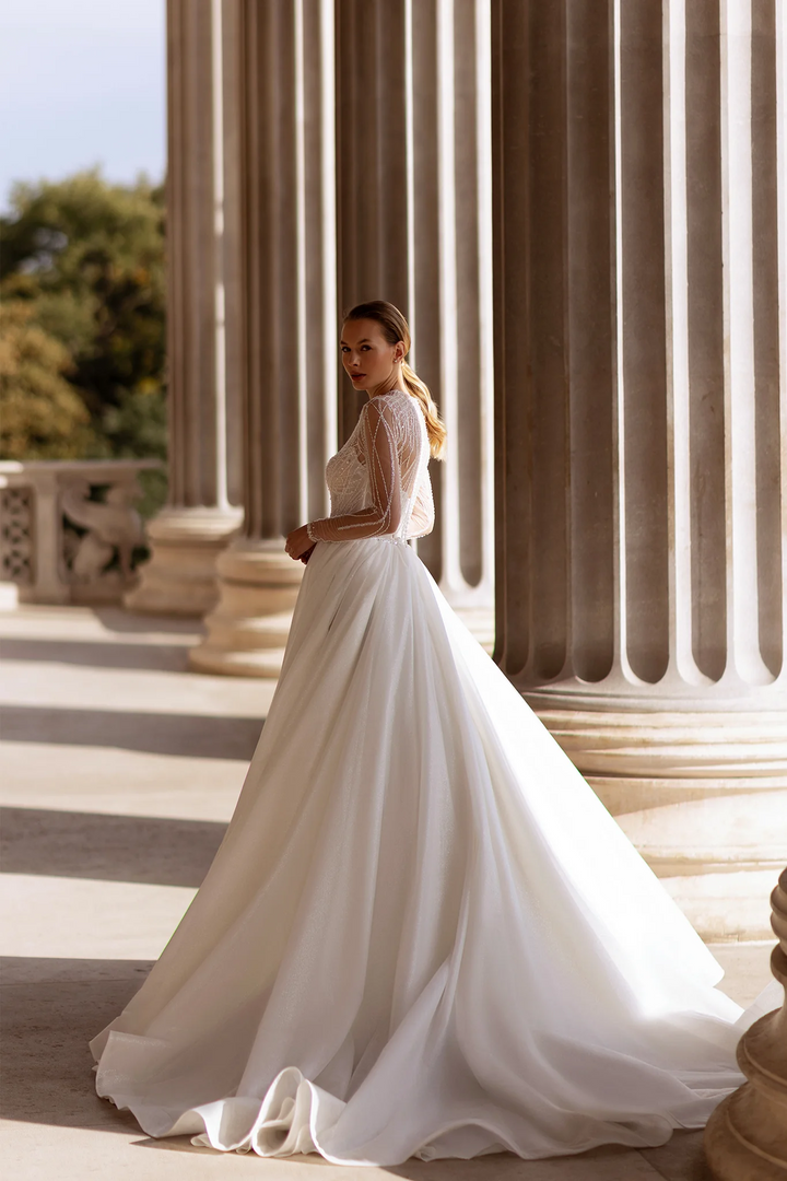 Ballgown Wedding Dresses with Sheer Long Sleeves – Crystal Wedding Dress with Sparkling Skirt and Classic Silhouette Plus Size