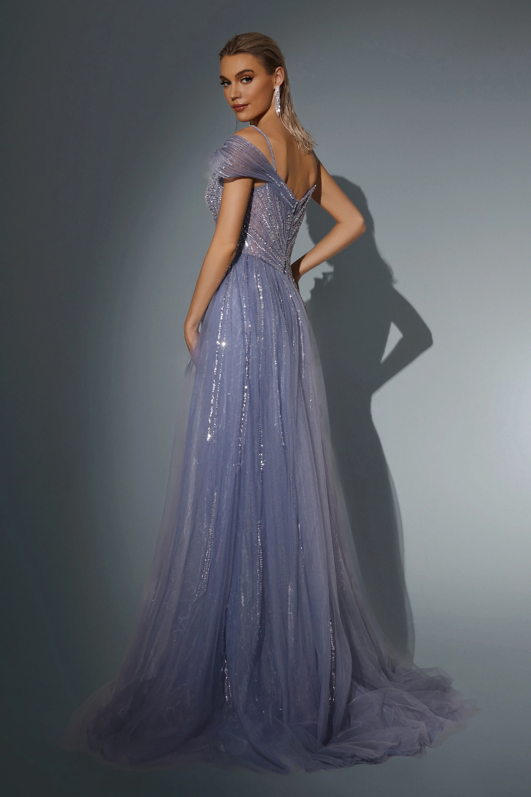 Lavender Blue Sequin Evening Gown with Illusion Neckline - Sparkly Maxi Dress with Flowing Train - Designer Sequin Gown Plus Size