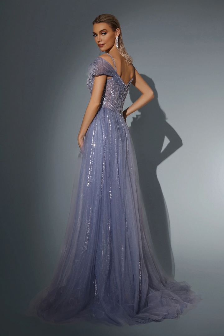 Lavender Blue Sequin Evening Gown with Illusion Neckline - Sparkly Maxi Dress with Flowing Train - Designer Sequin Gown Plus Size