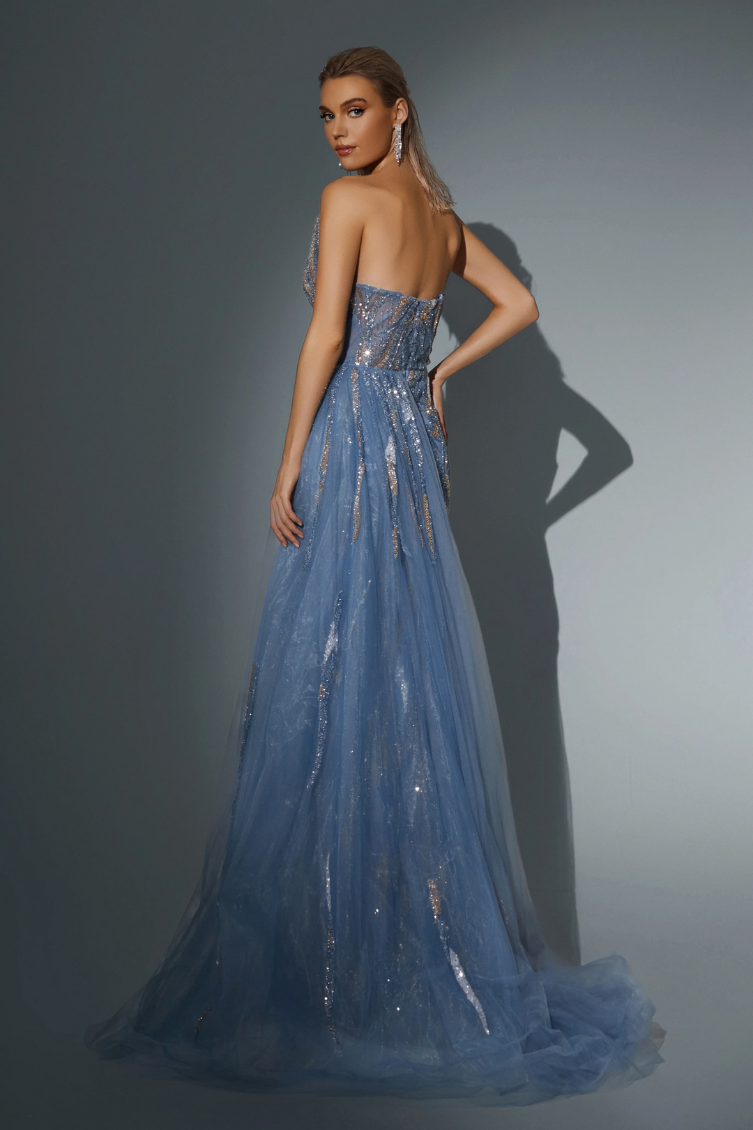 Dusty Blue Sequin Evening Gown with Strapless Design - Pretty Sequin Dress with Thigh-High Slit - Sparkly Maxi Dress Plus Size