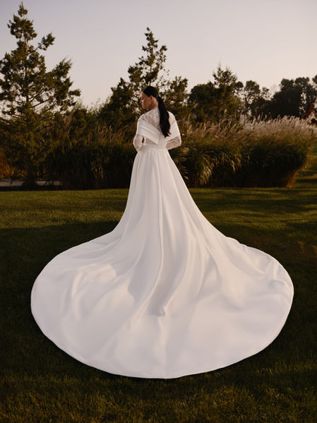 Mermaid Wedding Gown with Mikado Corset and Convertible Overskirt – Long Sleeves Wedding Dress with High Neck Plus Size - Eliana