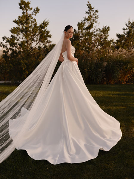 Simple Ivory Wedding Gown with Sculpted Bodice - Simple Wedding Dress with Embroidered Pearl Beading – Long Wedding Gown Train Plus Size - Helia