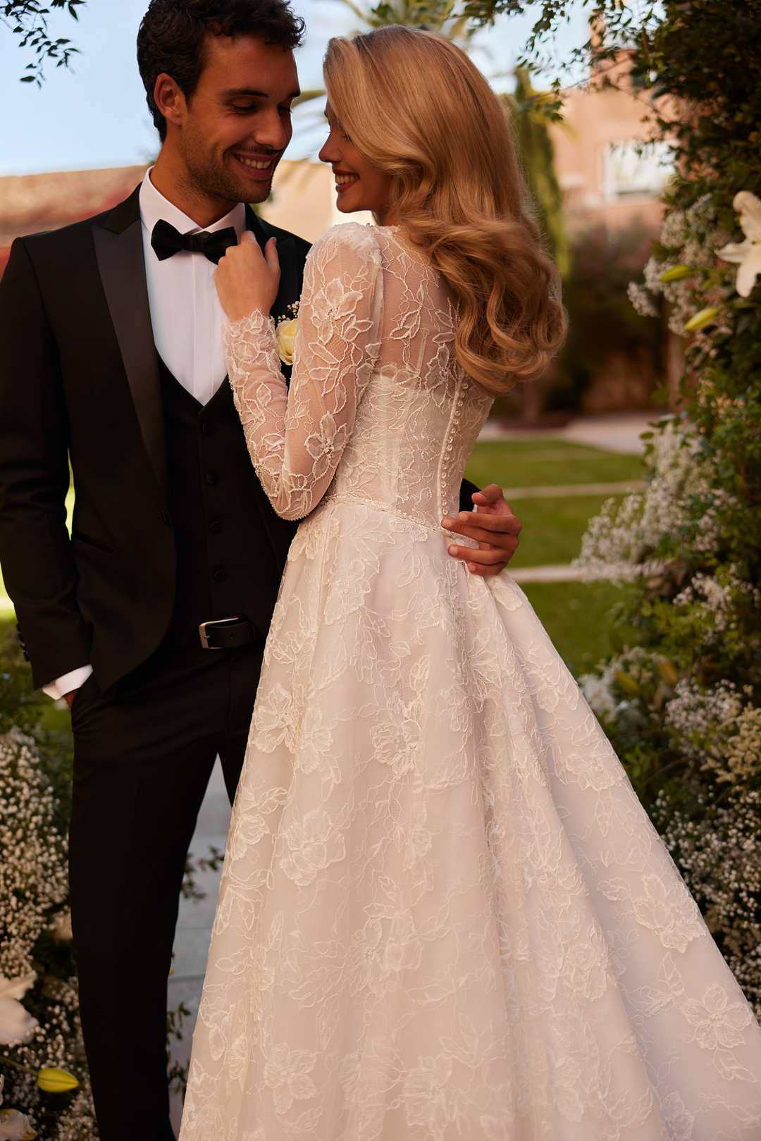 Ivory Lace Wedding Gown Long Sleeve with Lace Bodice – Classic Wedding Gown with Crew Neckline and Train Plus Size