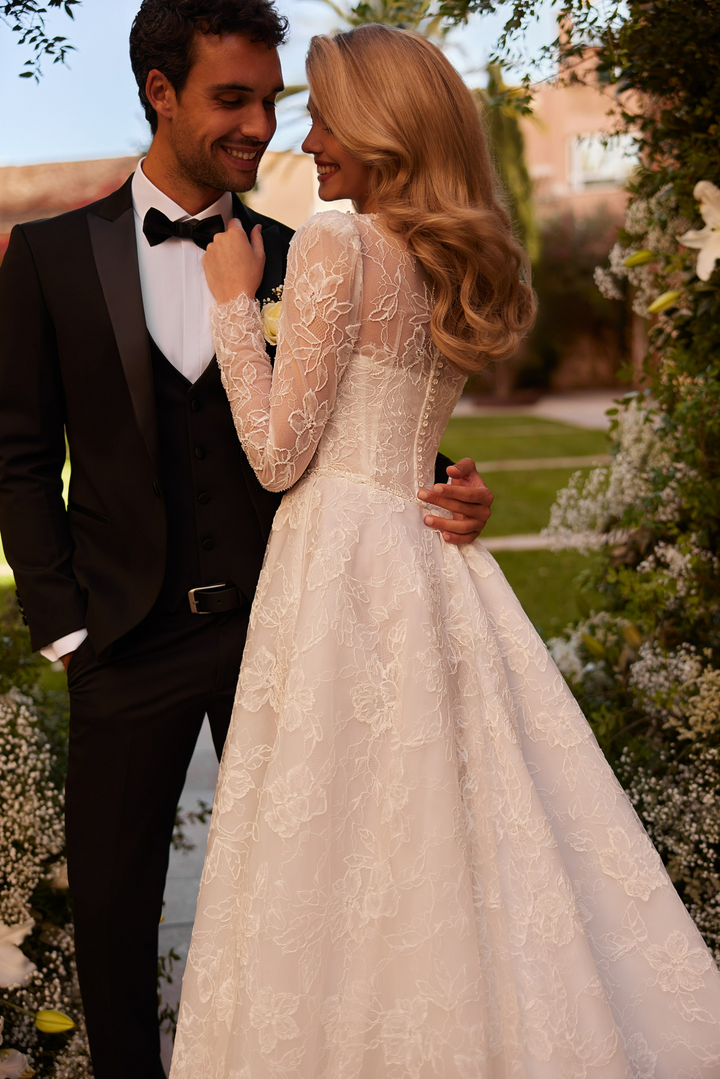 Ivory Lace Wedding Gown Long Sleeve with Lace Bodice – Classic Wedding Gown with Crew Neckline and Train Plus Size