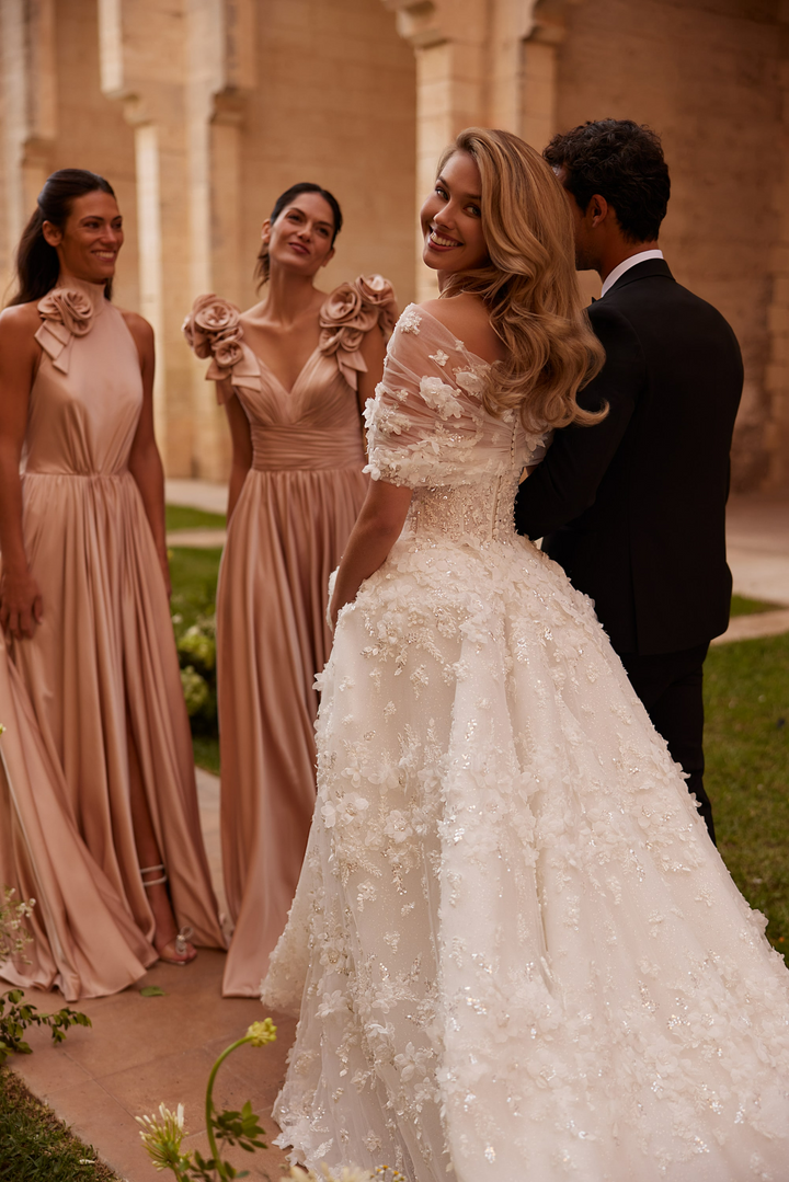 Ivory Off Shoulder Wedding Dress with Layered Tulle Sleeves – Embellished Floral Wedding Gown with Train Plus Size