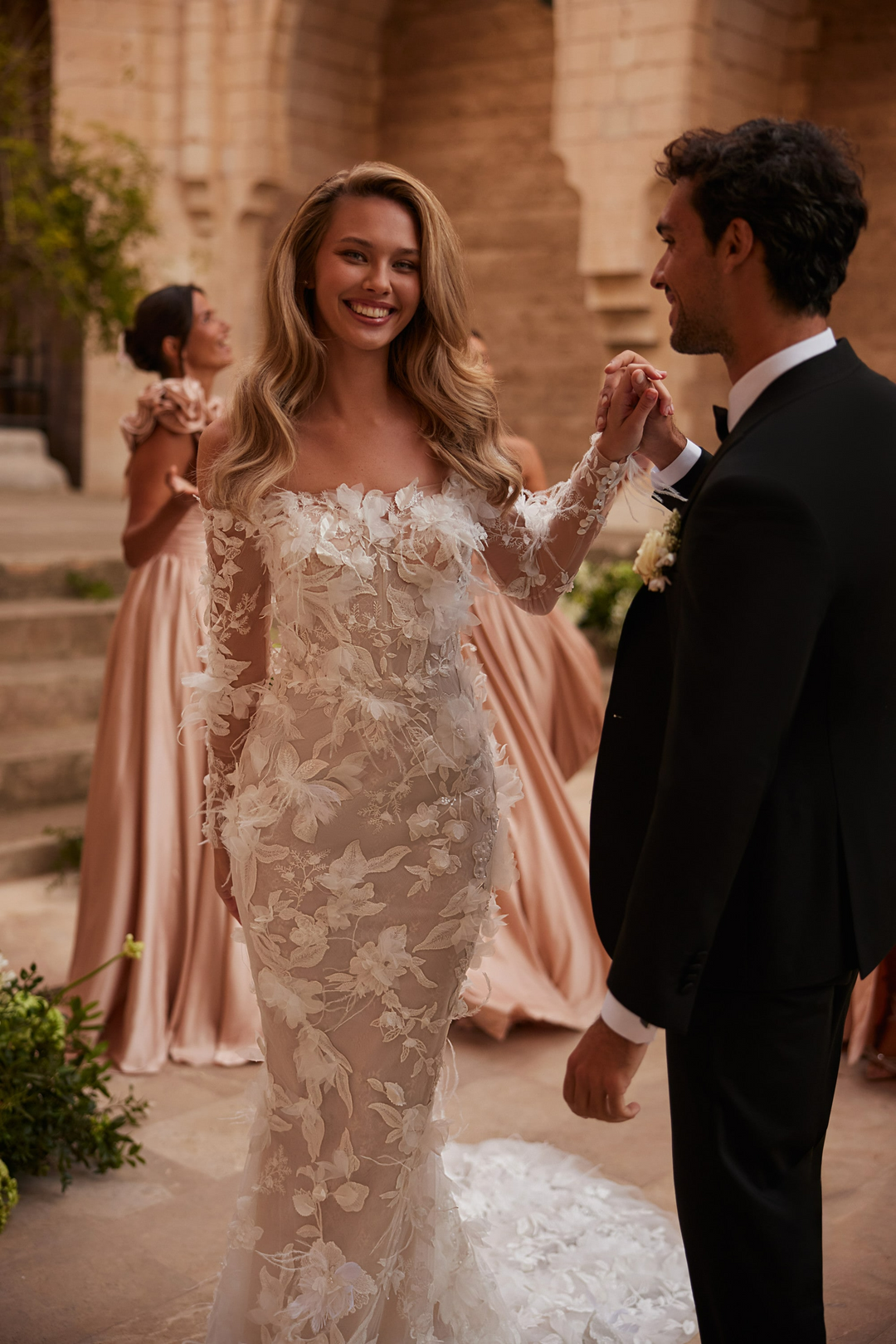 Nude Floral Wedding Dress with Long Sleeves – Off Shoulder Wedding Gown - Lace Mermaid Wedding Gown with 3D Appliqué Plus Size