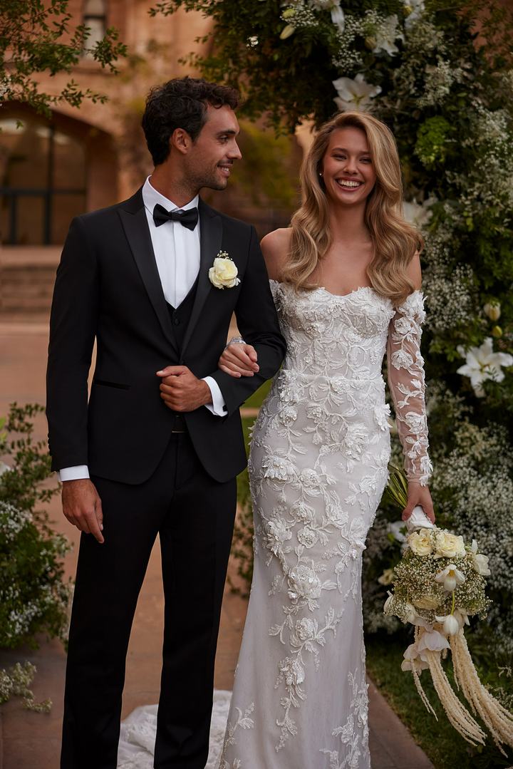 Off Shoulder Wedding Dress with Convertible Overskirt – Lace Embellished Wedding Gown with Long Sleeves Plus Size