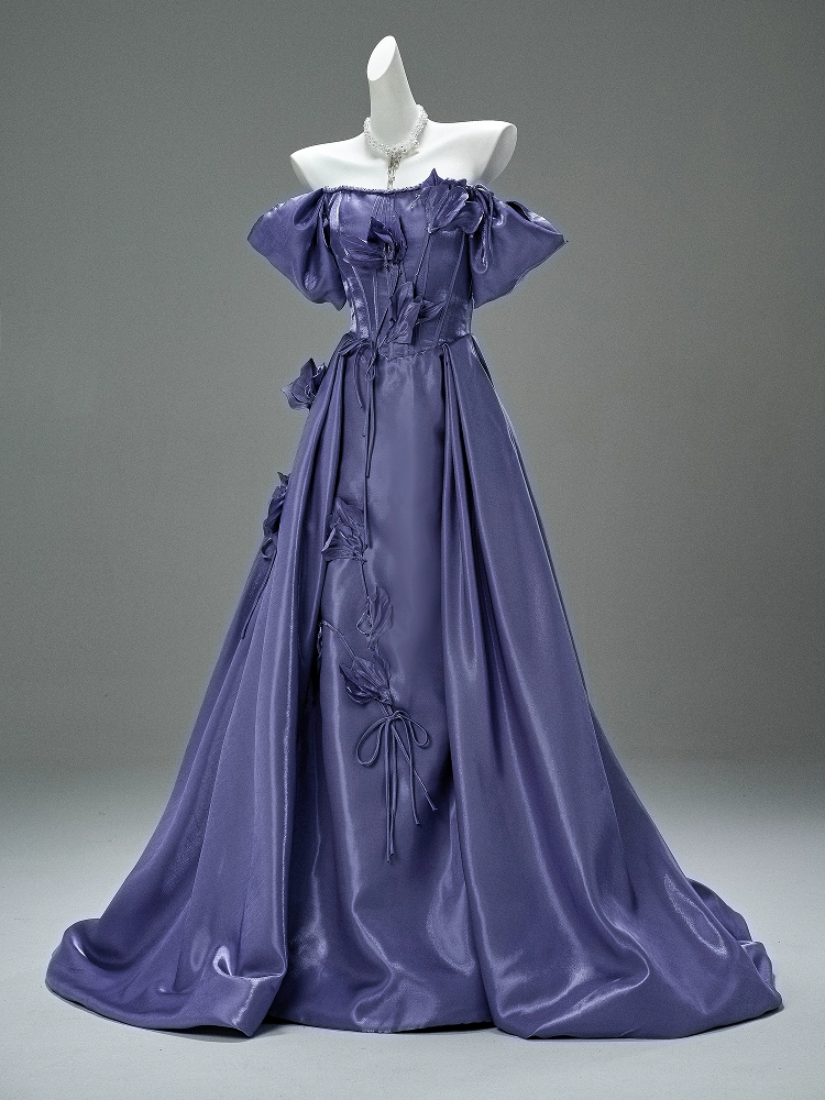 Purple Off the Shoulder Evening Dress with Floral Appliqué – Satin Evening Gown with Lace-Up Back Plus Size