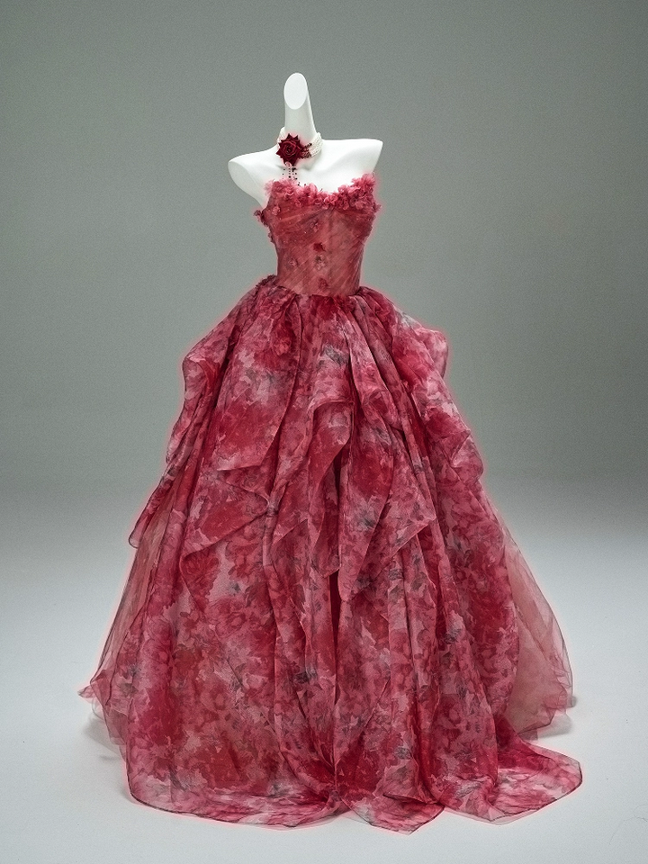 Flower Ball Gown Red Prom Dress – Strapless Evening Dress with Draped Floral Tulle Skirt Plus Size