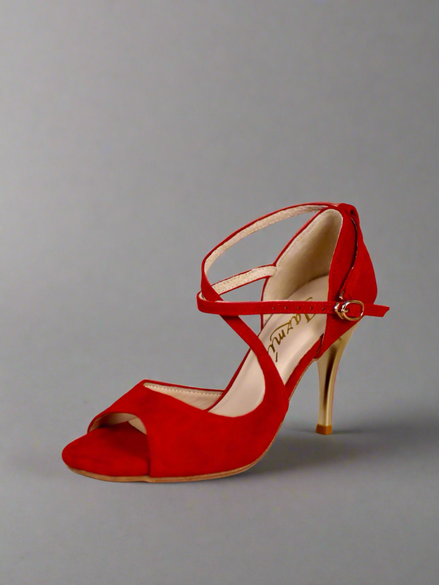 Handmade Tango Cowhide Leather Latin Dance Shoes in Red Suede with Gold High Heels