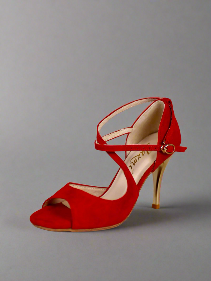 Handmade Tango Cowhide Leather Latin Dance Shoes in Red Suede with Gold High Heels