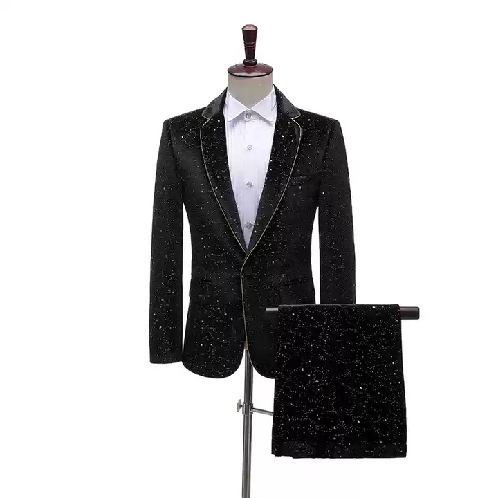 Black Glitter Mens Suit – Sparkly Two-Piece Blazer and Pants Set with Gold Trim Plus Size