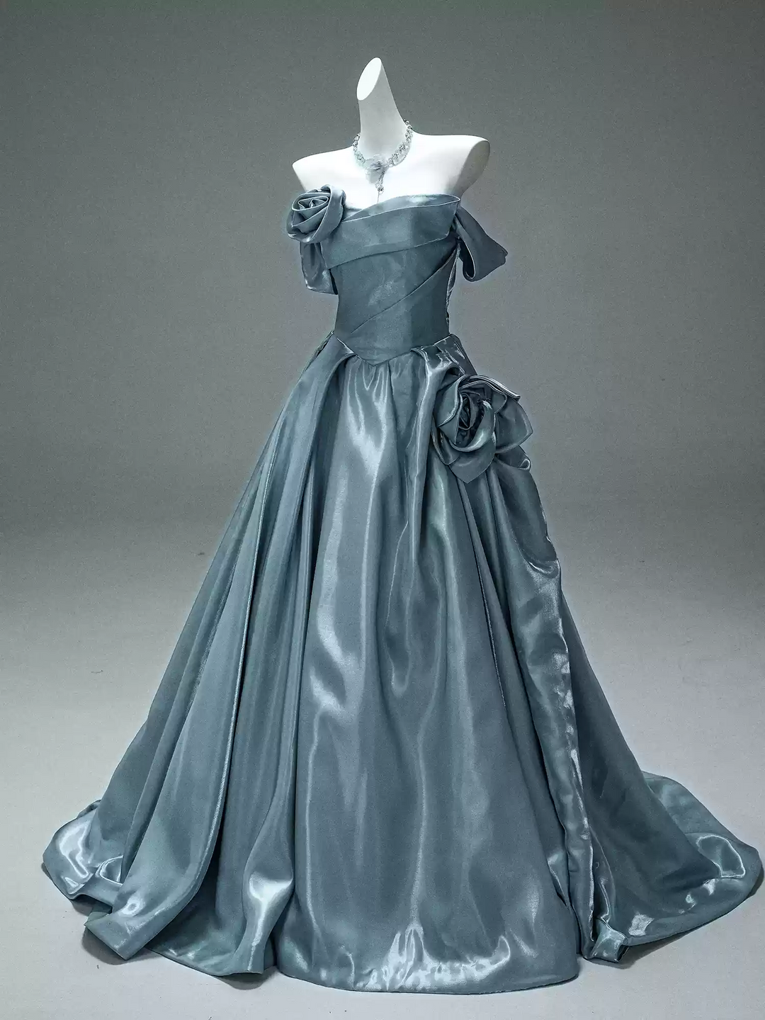 Blue Evening Gown with Off Shoulder Floral Design – Off the Shoulder Ball Gown Dress with Draped Satin Skirt Plus Size