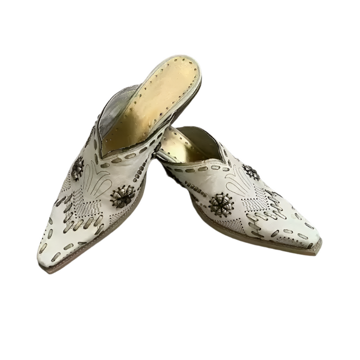 Vintgae-Inspired White Embroidered Cowgirl Mules – Western Pointed-Toe High Heel Slip-On Shoes