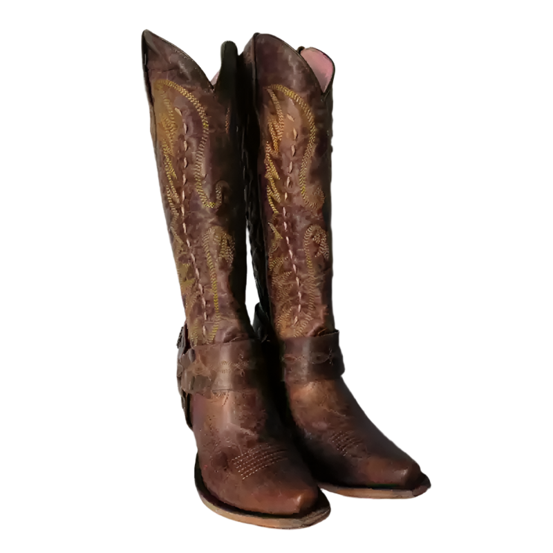 Vintage-Inspired Brown Cowgirl Boots with Embroidered Detailing – Western Knee-High Boots with Buckle Strap