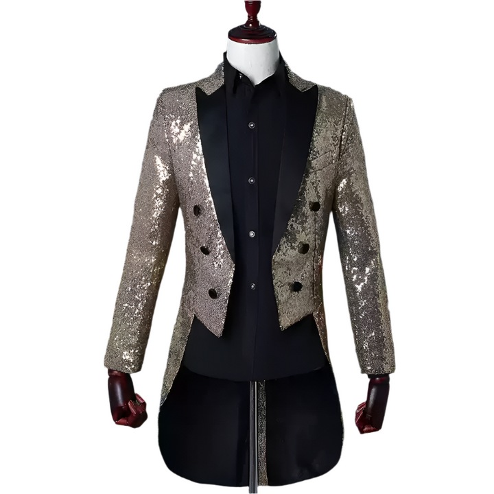 Black Glitter Tailcoat Mens Blazer – Sequin Tuxedo Jacket with Satin Lapel and Long Back Hem Plus Size