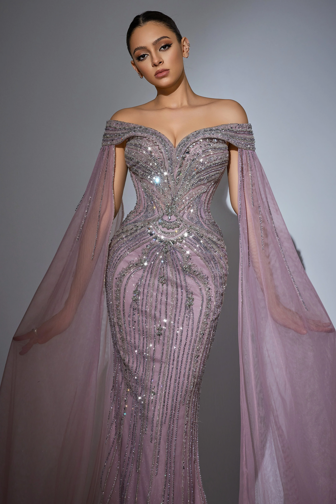 Pink Sequin Off-Shoulder Evening Gown with Crystal Beaded Detailing – Embellished Designer Gown with Flowing Sheer Train Plus Size