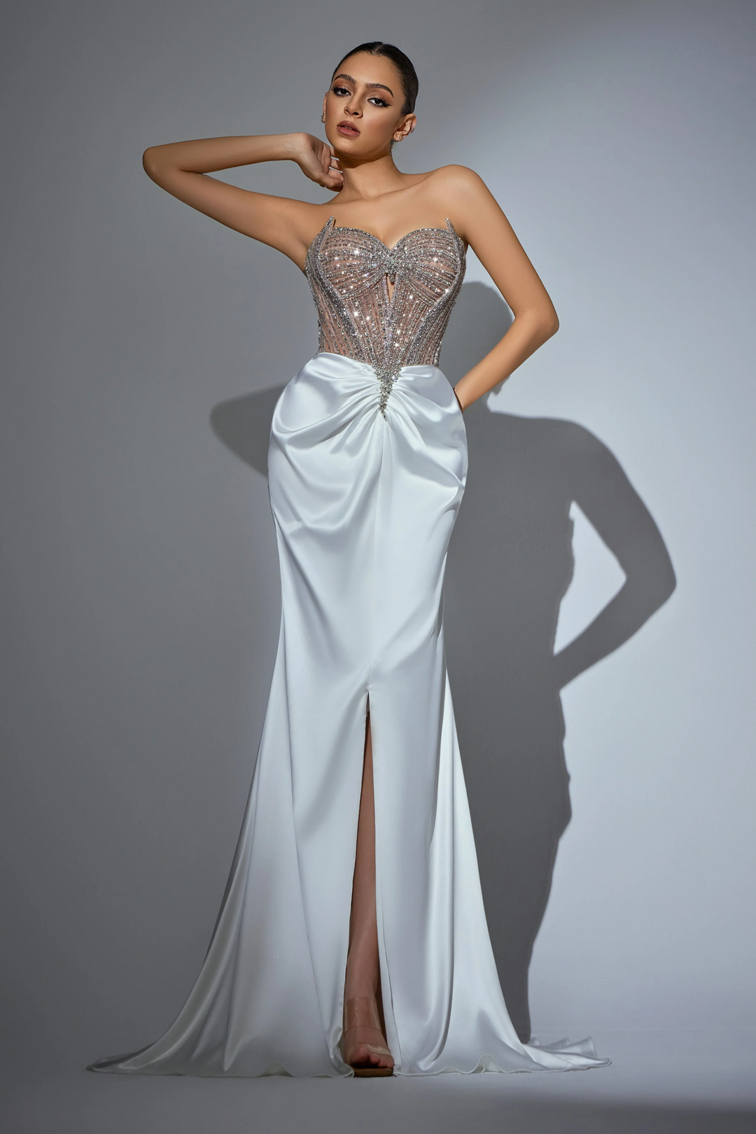 Red Sequin Evening Gown with Beaded Corset Top – Designer Sequin Gown with High Slit and Satin Train Plus Size