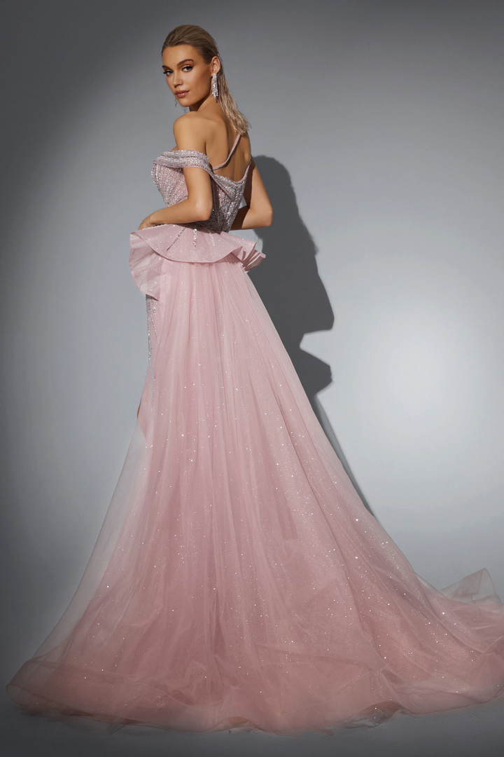 Blush Pink Glitter Dress with Off-Shoulder Design - Designer Sequin Gown with Flowing Tulle Skirt - Pink Sequin Dress Plus Size
