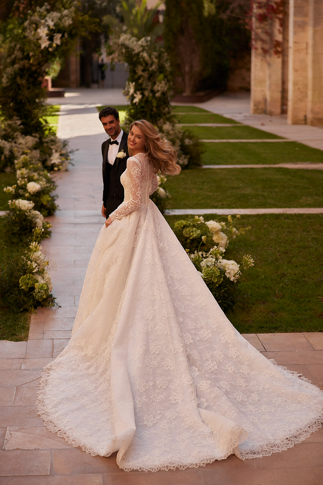 Ivory Lace Wedding Gown Long Sleeve with Lace Bodice – Classic Wedding Gown with Crew Neckline and Train Plus Size