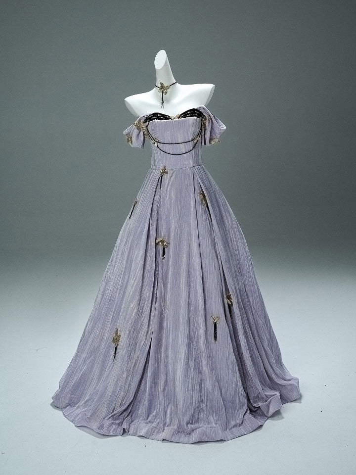 Lavender Purple Evening Dress with Butterfly Appliqué – Velvet Evening Gown with Corset Back and Matching Choker Plus Size