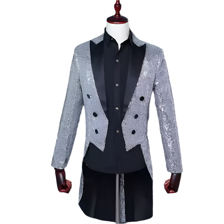 Black Glitter Tailcoat Mens Blazer – Sequin Tuxedo Jacket with Satin Lapel and Long Back Hem Plus Size